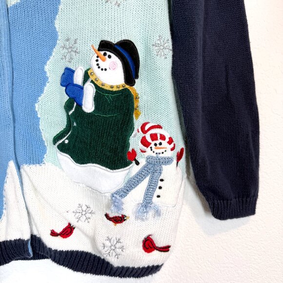 Vintage Quacker Factory Christmas Holiday Sweater Blue Embroidered Patches Large - Picture 10 of 13